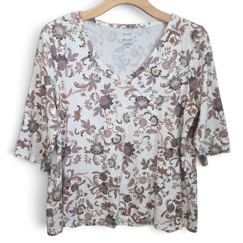 J Jill Pure Jill Top Womens Medium Petite MP Floral V Neck 3/4 Sleeve Cotton Tee